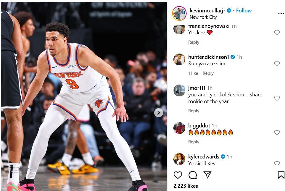 Hunter Dickinson hypes former Kansas teammate Kevin McCullar Jr&rsquo;s snaps on IG. Image via @kevinmccullarjr