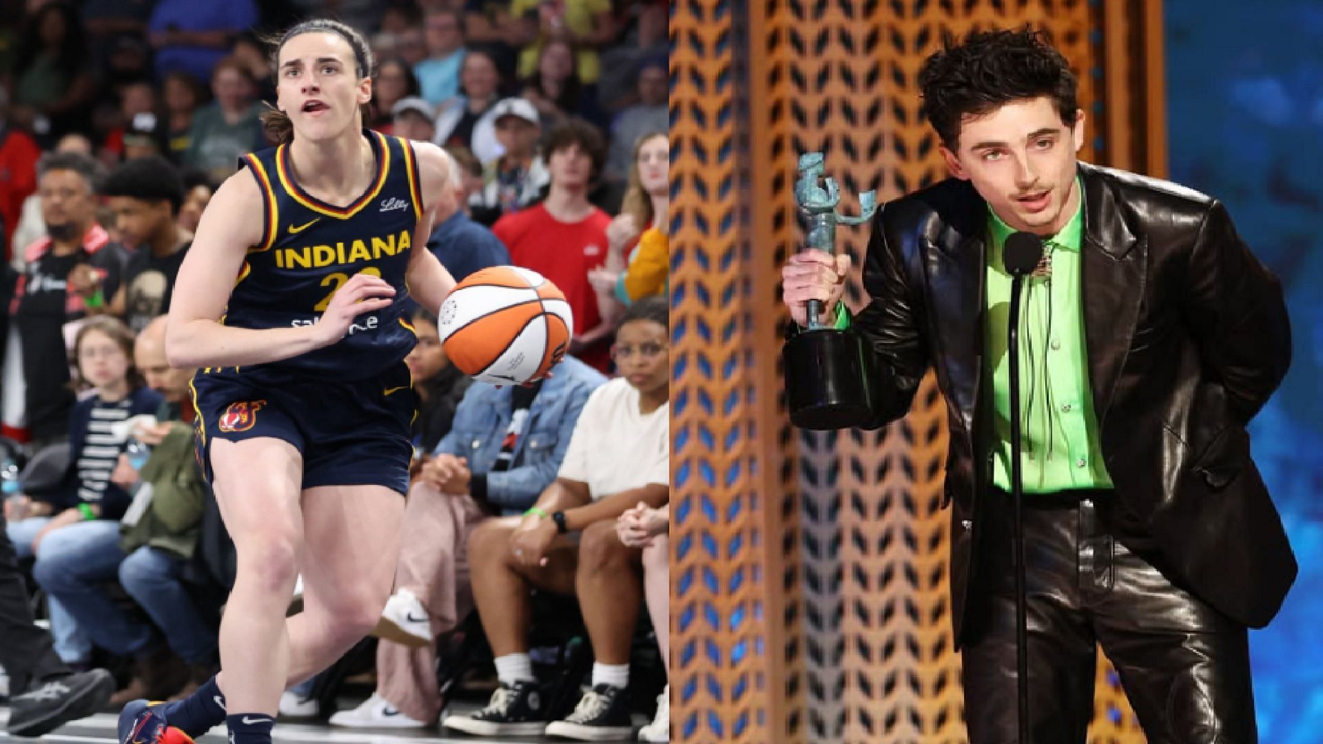 An image of Caitlin Clark and Timothee Chalamet side by side