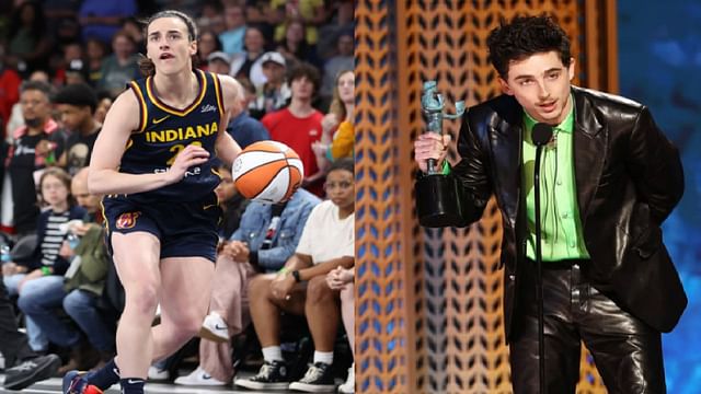 An image of Caitlin Clark and Timothee Chalamet side by side