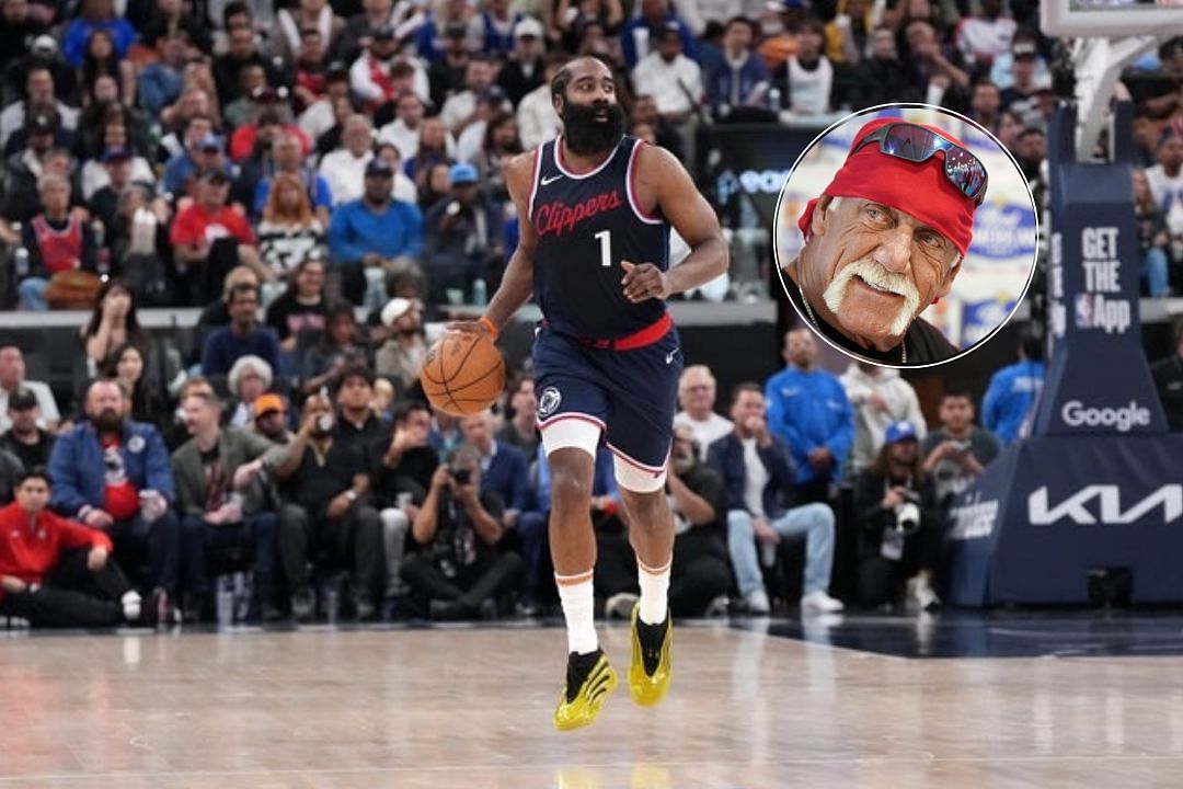 Los Angeles Clippers star James Harden dribbles the ball up the court during an NBA game, Former WWE superstar Hulk Hogan look on during an event