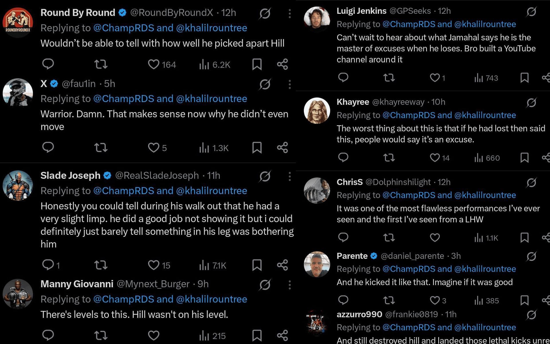 Fans&#039; reactions to Khalil Rountree Jr.&#039;s injury. [Screenshots courtesy: @ChampRDS on X]