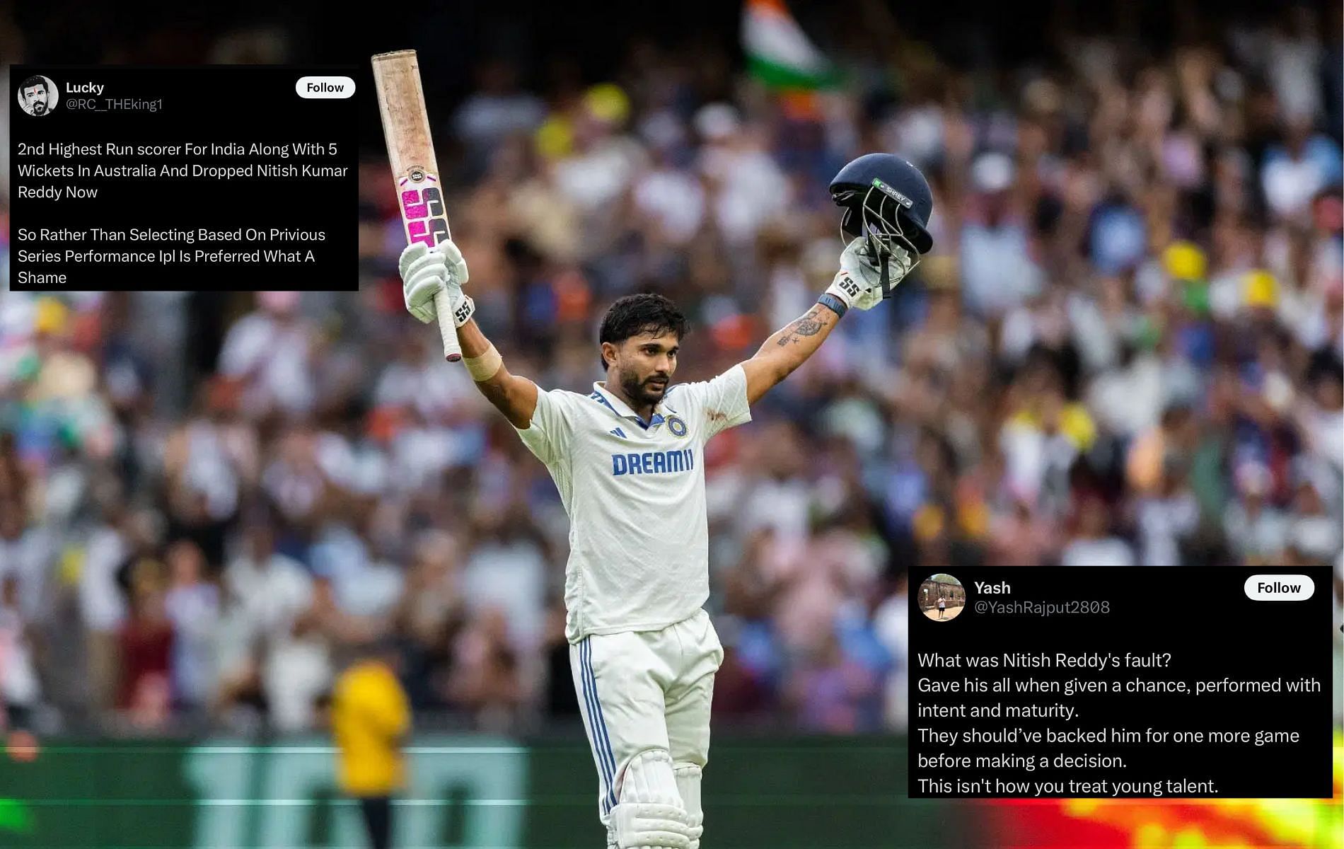 Nitish Reddy missed out on a spot in Indian playing XI for Test series opener against England. (Pics: Getty Images/X/@RC__THEking1/@YashRajput2808).