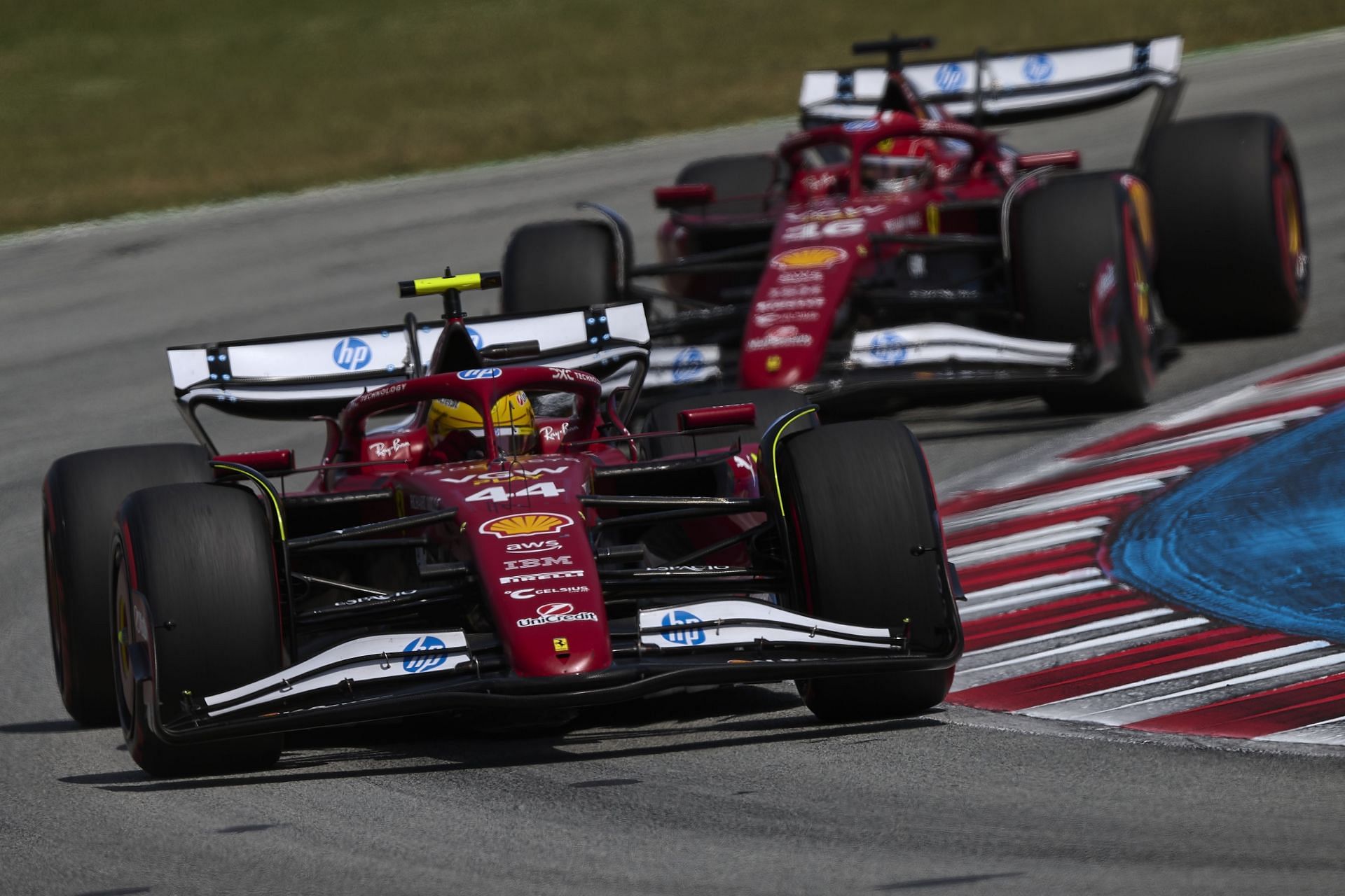 Lewis Hamilton (44) leads Charles Leclerc (16) at the Circuit of Catalunya. Source: Getty