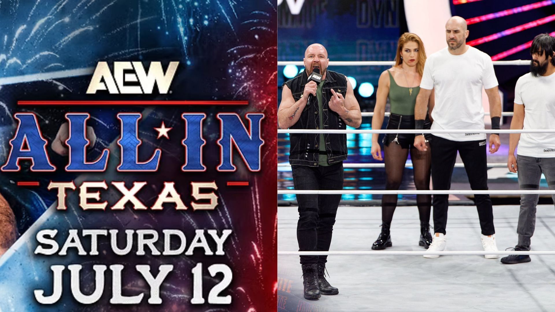 AEW All In logo (left) and the Death Riders (right). (Image credits: allelitewrestling.com &amp; Claudio Castagnoli