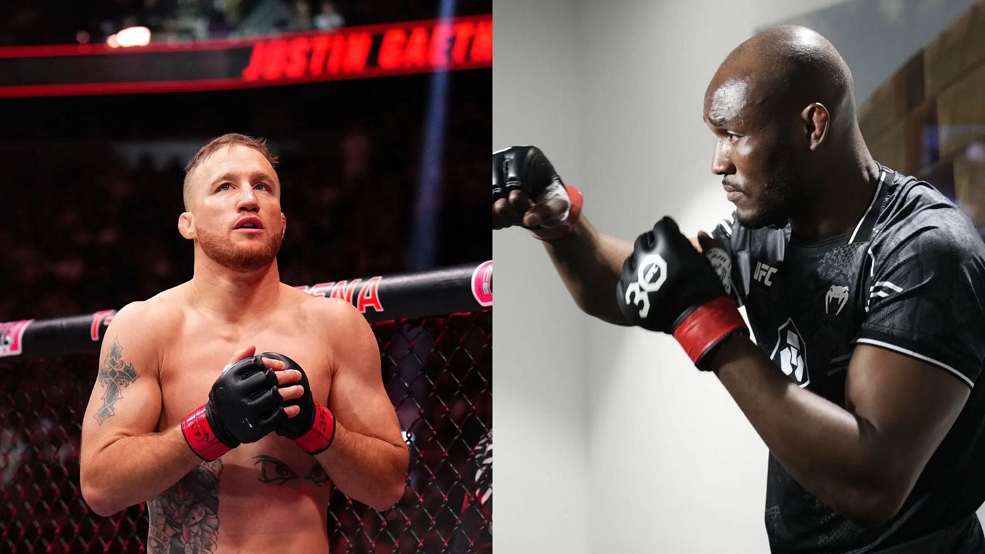 Justin Gaethje (left) gets submitted by Kamaru Usman (right) easily during training. [Images courtesy: Getty Images]