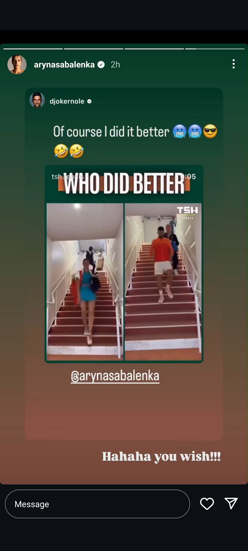 Aryna Sabalenka's Instagram Story featuring her banter with Novak Djokovic amid their respective French Open campaigns (Source: Instagram/arynasabalenka)