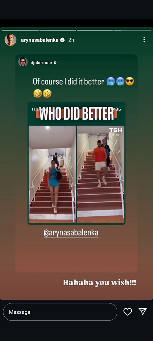 Aryna Sabalenka's Instagram Story featuring her banter with Novak Djokovic amid their respective French Open campaigns (Source: Instagram/arynasabalenka)