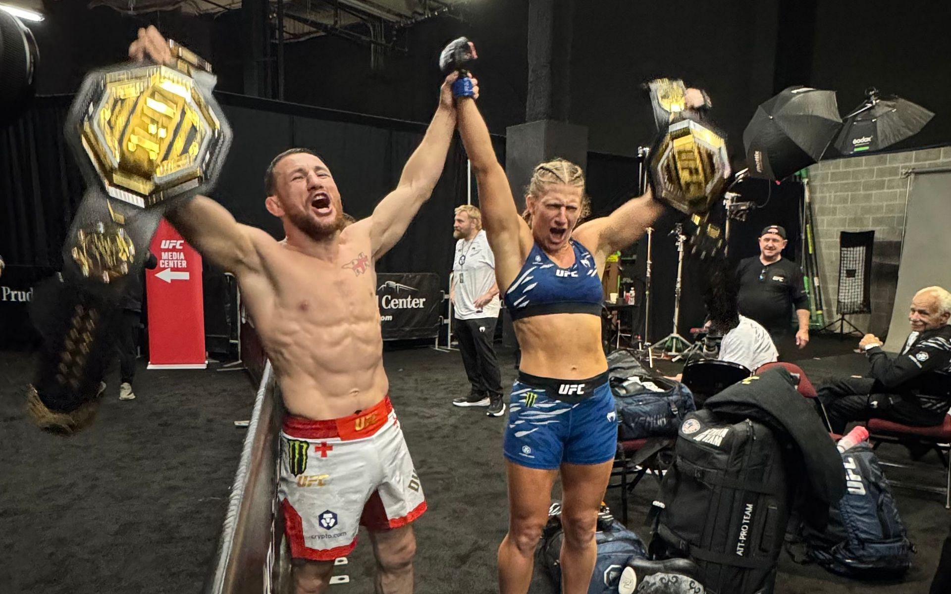 Merab Dvalishvili (left) and Kayla Harrison (right) pose for a photo after wins at UFC 316. [Images courtesy: @funkmasterMMA on X]