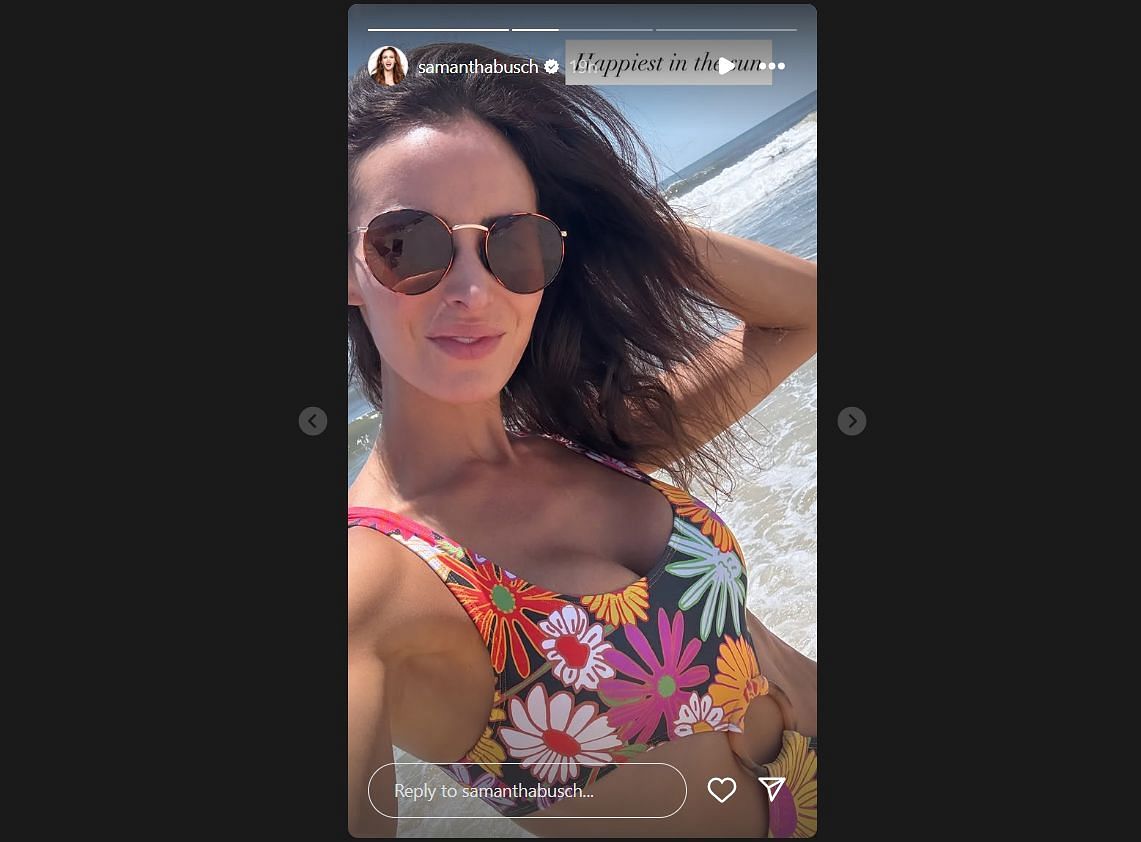Samantha Busch, wife of Kyle Busch, in a vibrant floral suit on the beach. Source: @samanthabusch via Instagram
