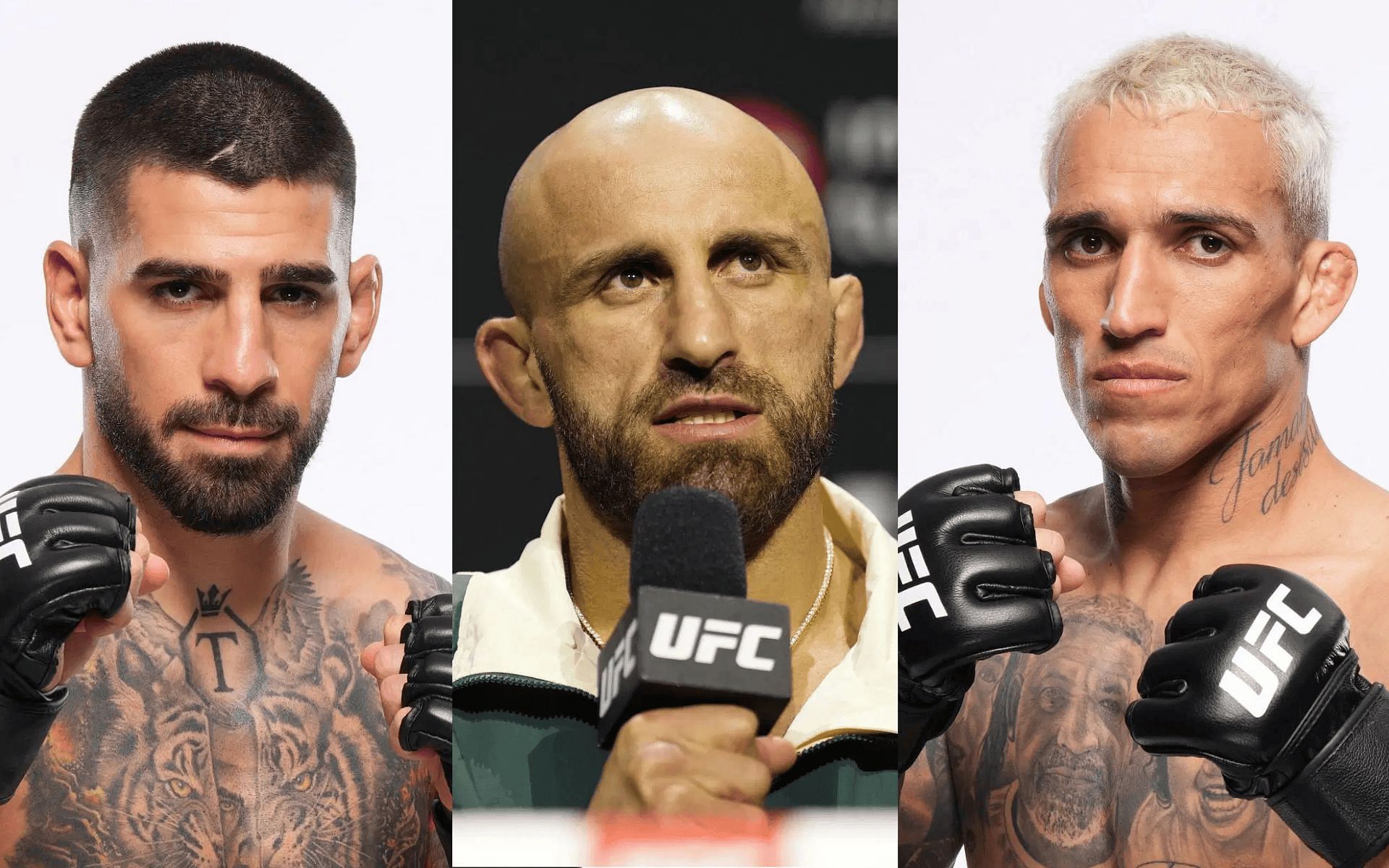 Alexander Volkanovski (middle) previews Ilia Topuria (left) vs. Charles Oliveira (right) fight. [Images courtesy: Getty]