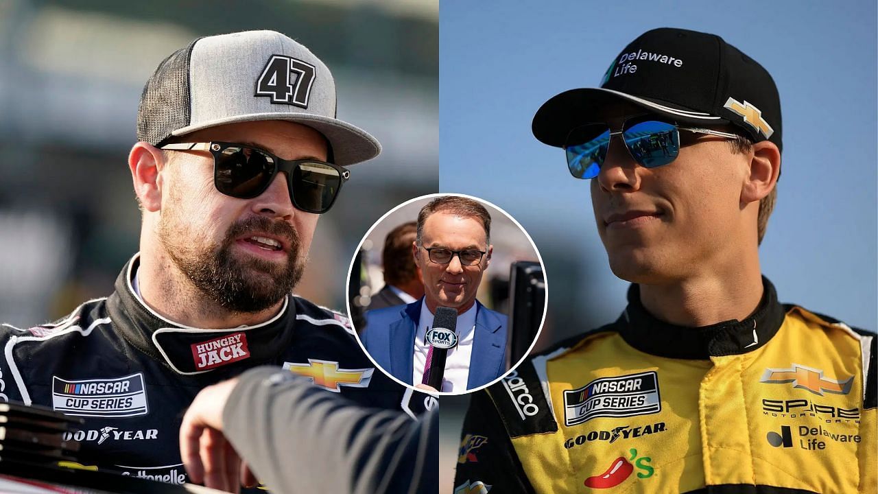A side-by-side image of (Left) Aug 15, 2021; Speedway, Indiana, USA; NASCAR Cup Series driver Ricky Stenhouse Jr. (47) looks on before the Verizon 200 at the Brickyard at Indianapolis Motor Speedway Road Course. Mandatory Credit: Mike Dinovo-Imagn Images and (Right) Carson Hocevar, driver of the #7 Delaware Life Chevrolet, looks on during qualifying for the NASCAR Craftsman Truck Series DQS Solutions &amp; Staffing 250 Powered by Precision Vehicle Logistics at Michigan International Speedway on June 07, 2025 in Brooklyn, Michigan. (Photo by Chris Graythen/Getty Images); Inset - Broadcast announcer and Nascar legend Kevin Harvick smiles before the NASCAR Cup Series Autotrader EchoPark Automotive 400 on April 14, 2024 at Texas Motor Speedway in Fort Worth, TX. (Photo by Chris Leduc/Icon Sportswire via Getty Images)