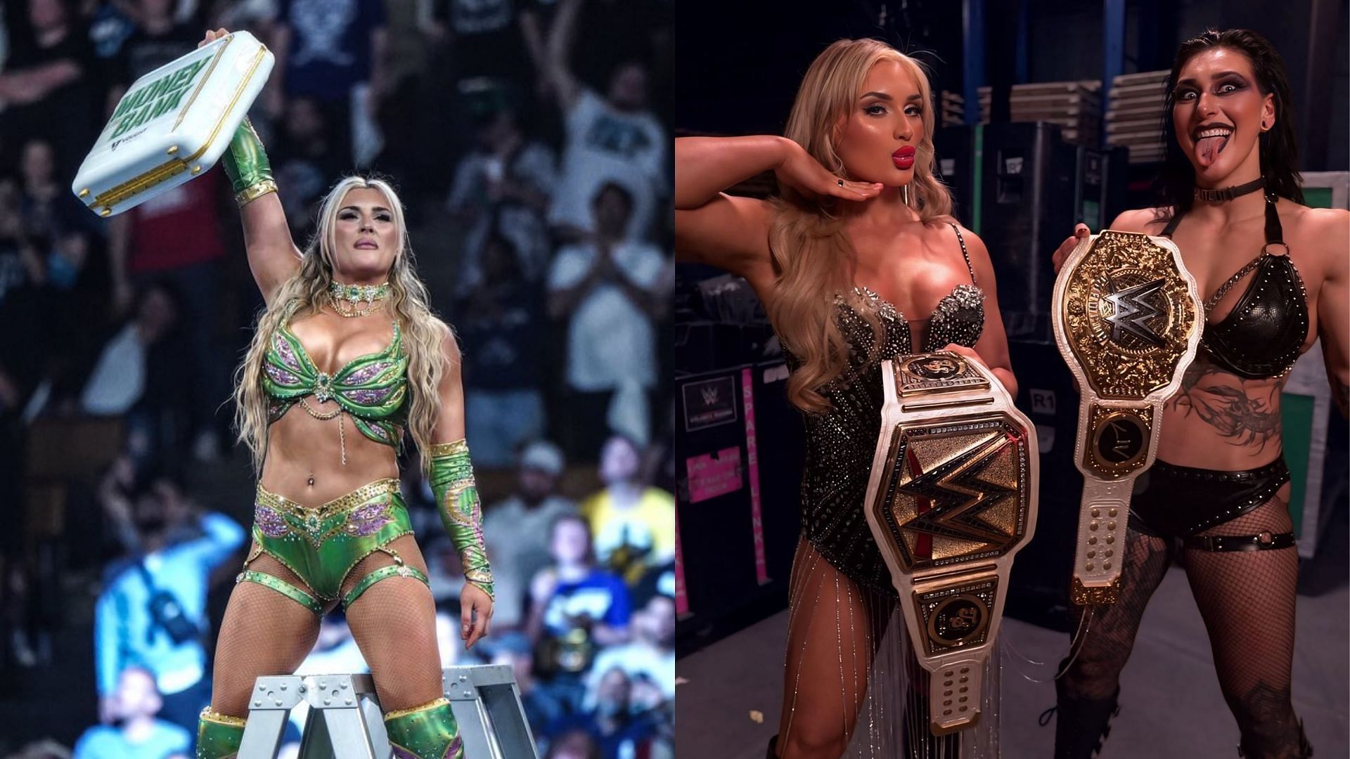 Tiffany Stratton (left), Stratton and Rhea Ripley (right) (Image Credits: Tiffany Stratton on X, Rhea Ripley on X)
