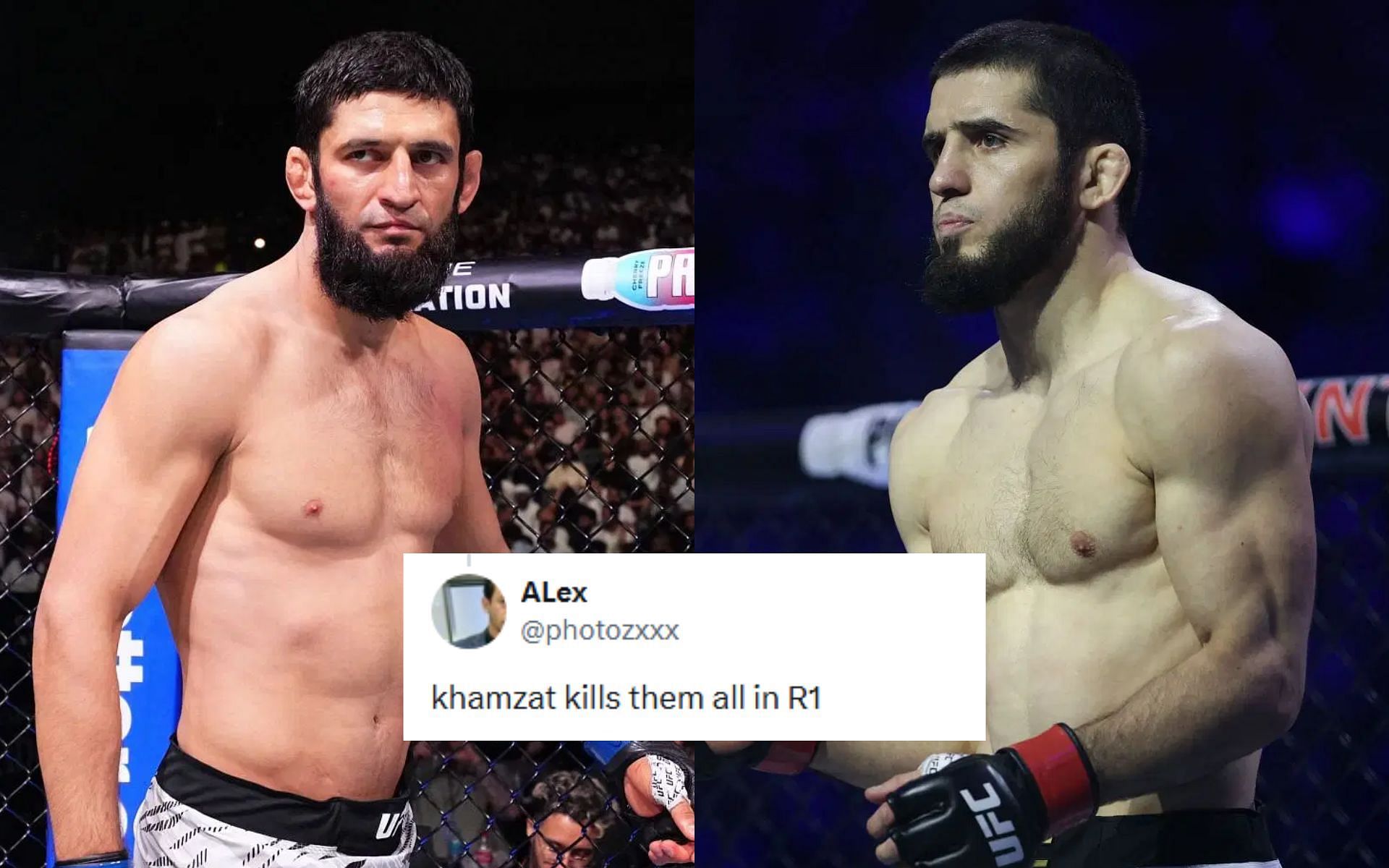 Fans share their thoughts on fantasy one night tournament involving Khamzat Chimaev, Islam Makhachev, and two UFC legends [Image courtesy: Getty Images, @MMAUNCENSORED1 on X]