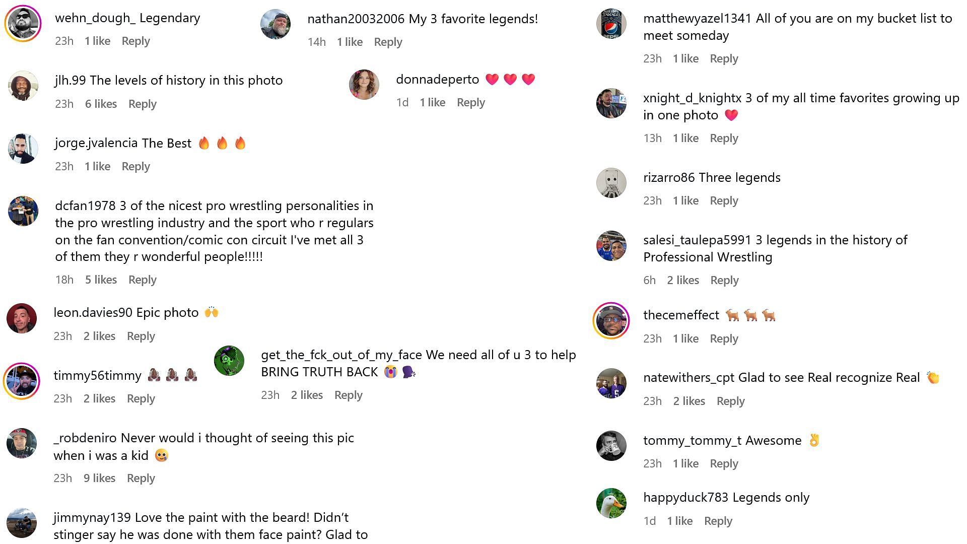 Fan reactions to Sting&#039;s photo with Lita and Trish Stratus (Screenshots from Instagram)