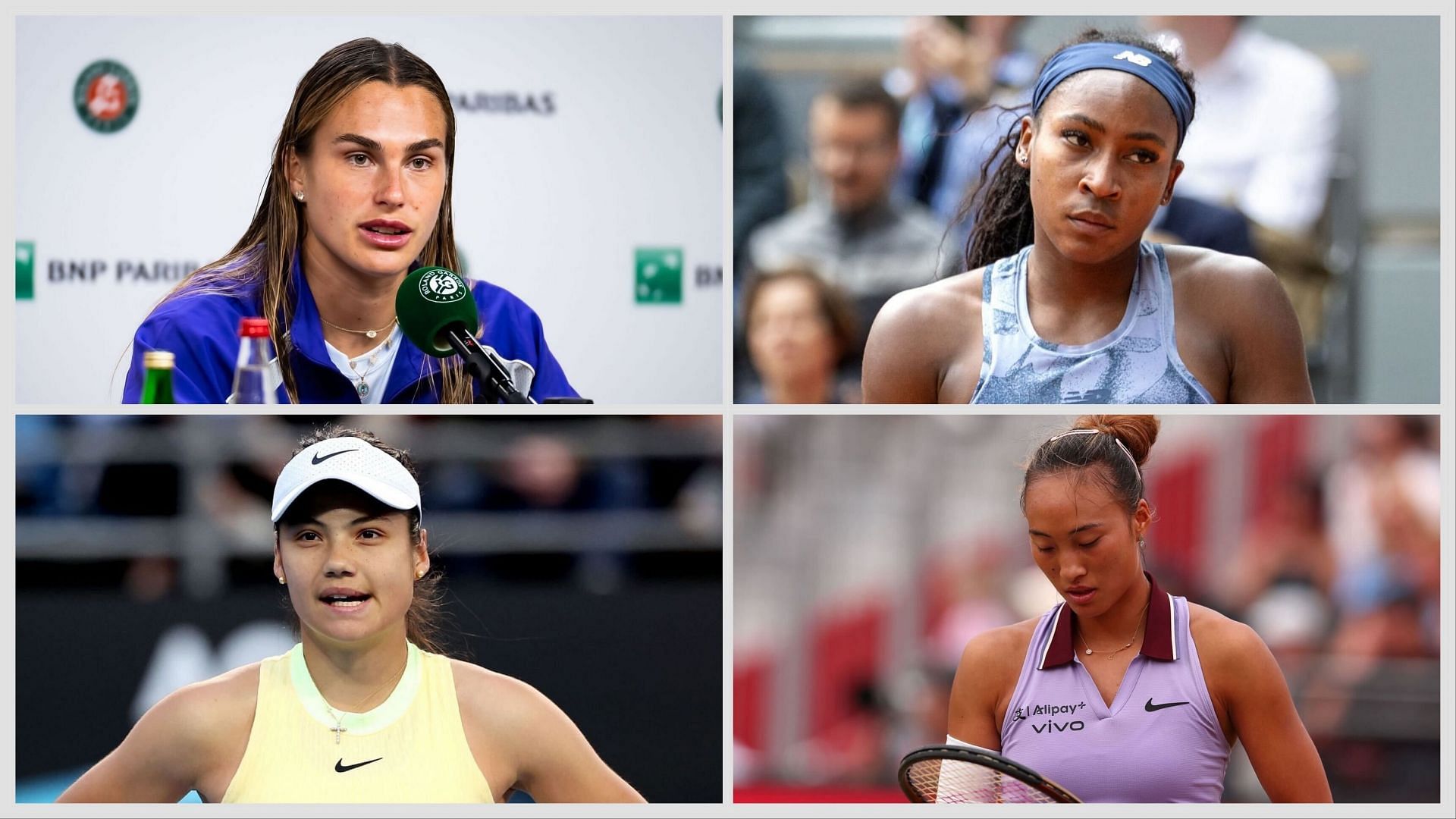 Clockwise, from top left: Aryna Sabalenka, Coco Gauff, Zheng Qinwen and Emma Raducanu. (Photos: Getty)