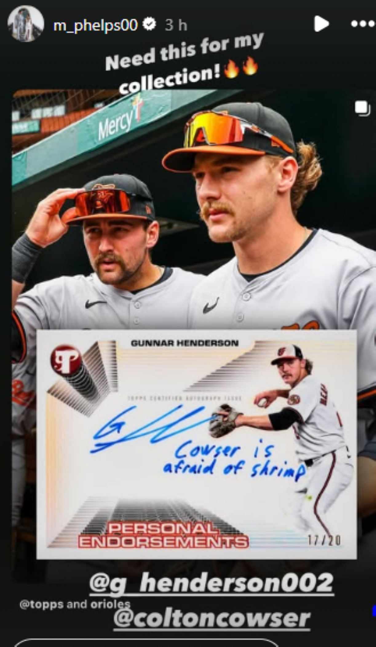 Screengrab of Phelps&#039; latest Instagram story about MLB player Gunnar Henderson [Image Source: Michael Phelps&#039; Instagram]