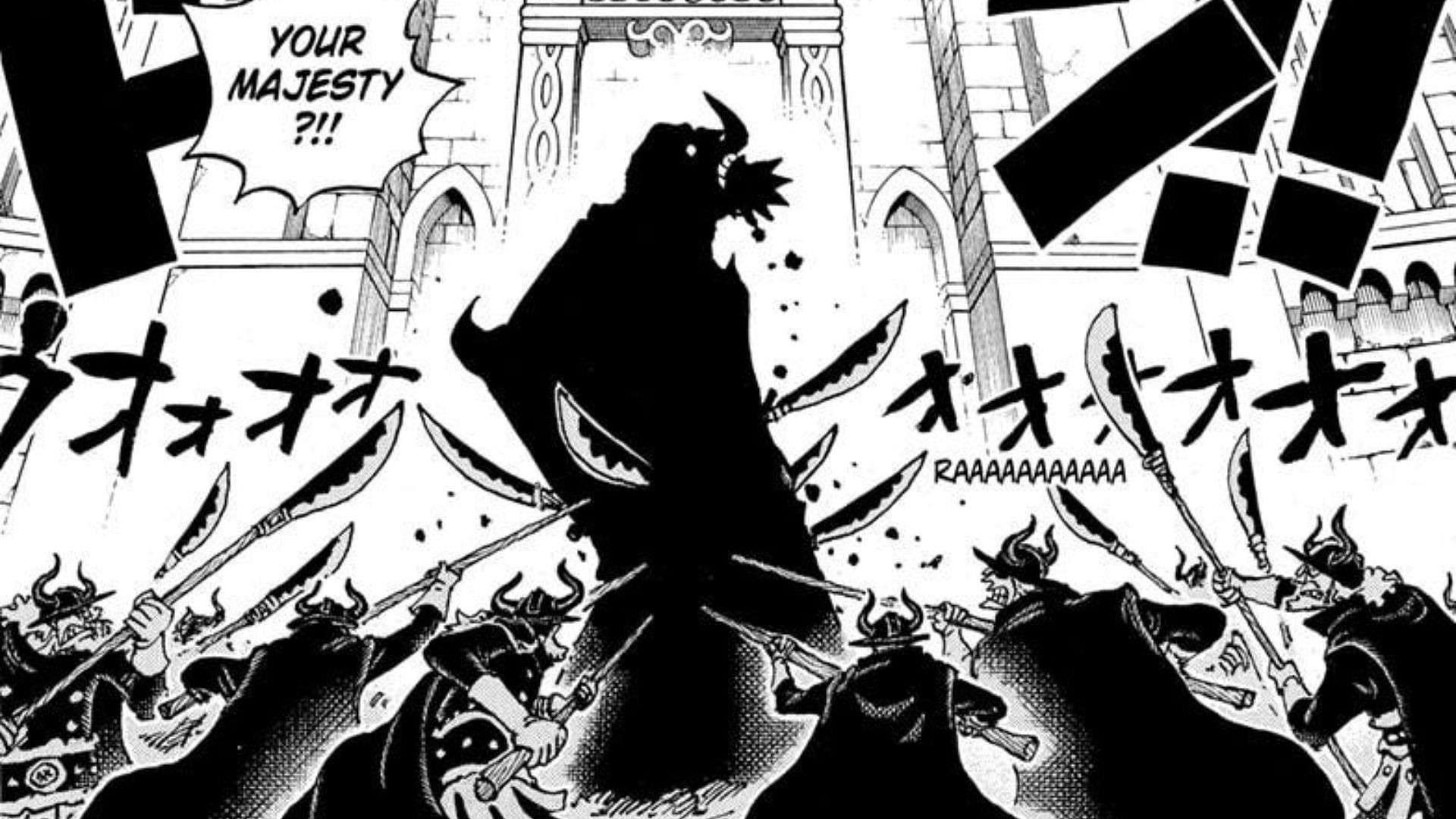 Harald stabbed by his soldiers as seen in the One Piece manga 