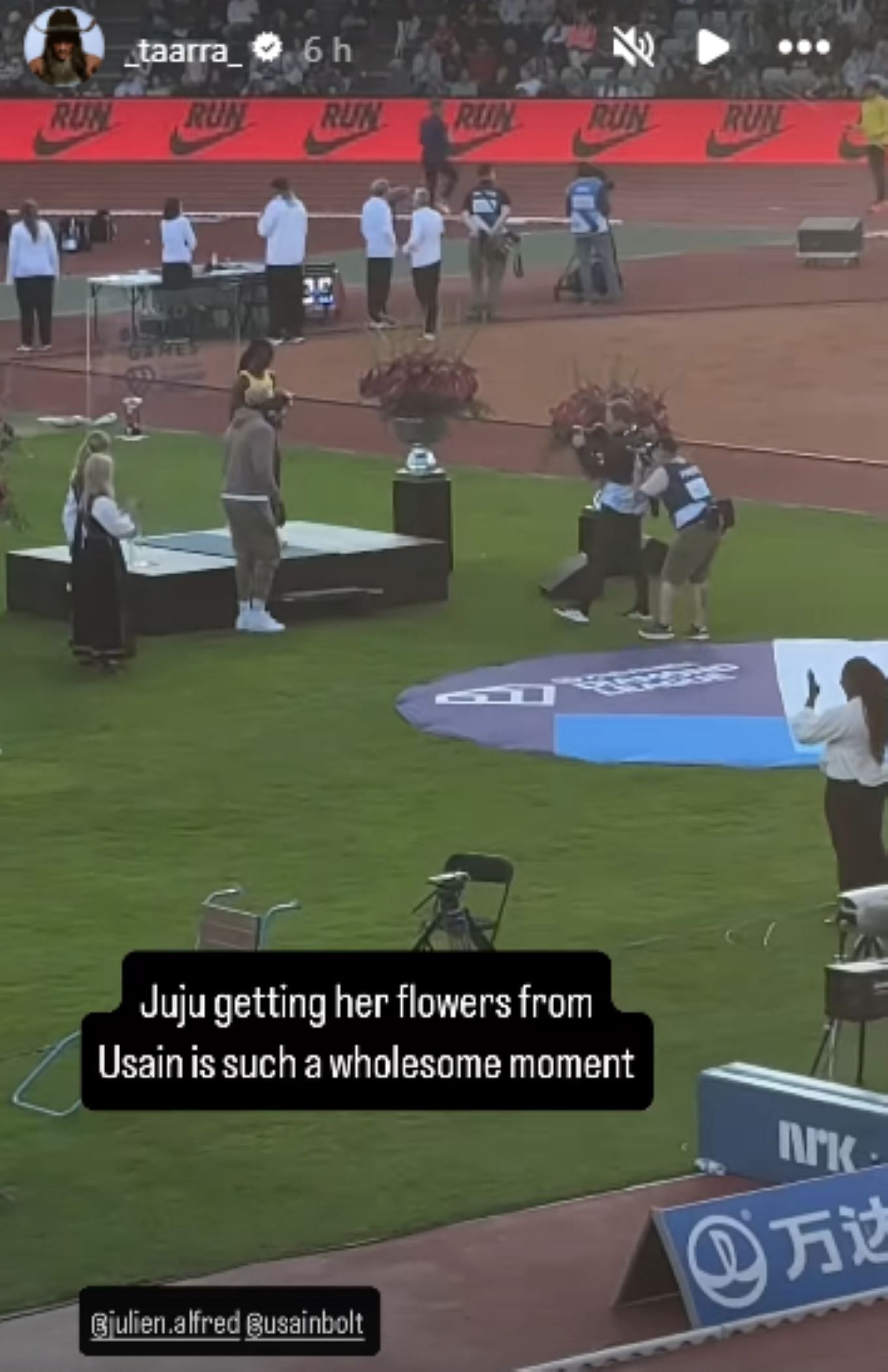 Screengrab of Tara Davis-Woodhall&#039;s Instagram story on Julien Alfred and Usain Bolt [Image Source : Tara Davis-Woodhall&#039;s Instagram]