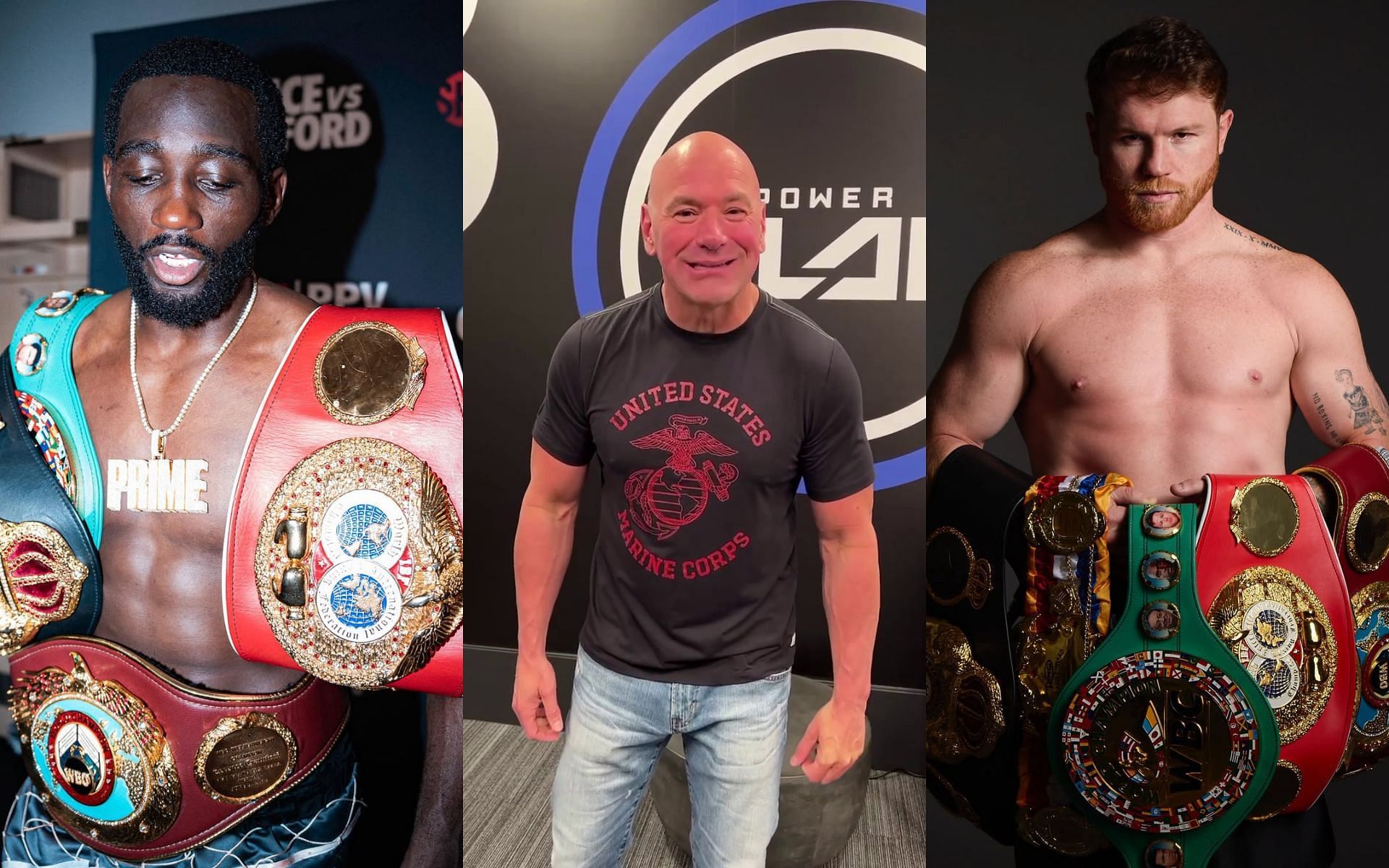 Dana White (center) talks about his role in the Canelo Alvarez (right) vs. Terence Crawford (right) fight. [Images courtesy: @tbudcrawford, @danawhite  and @canelo on Instagram]