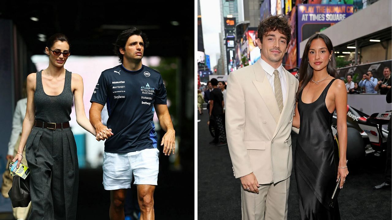 In Picture: Carlos Sainz and Rebecca Donaldson and Charles Leclerc and Alexandra Saint-Mleux (from Left). Credit: Getty Images.
