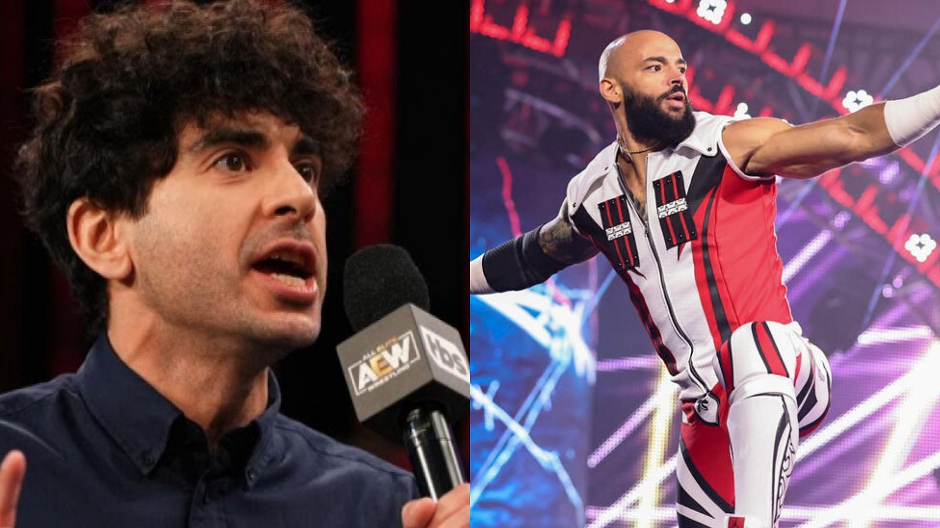 Tony Khan (left) and Ricochet (right). (Image credits: AEW YouTube channel &amp; wwe.com)