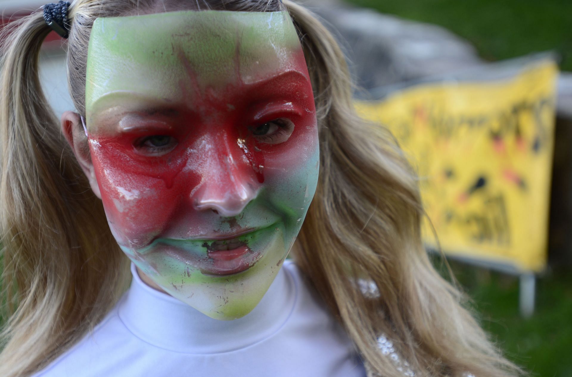 Conrad Weiser sophomore Sarah Schoener prepares for her role as a scary clown at the Womelsdorf VFW Barn of Horrors. For Voices Halloween profile.  Photo by Jeremy Drey  10/20/2014 - Source: Getty