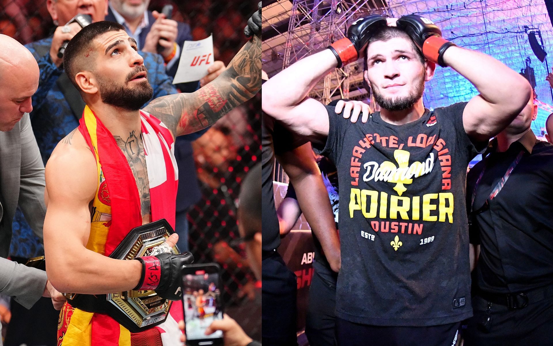 Ilia Topuria (left) is in GOAT conversation now with Khabib Nurmagomedov (right). [Images courtesy: Getty]