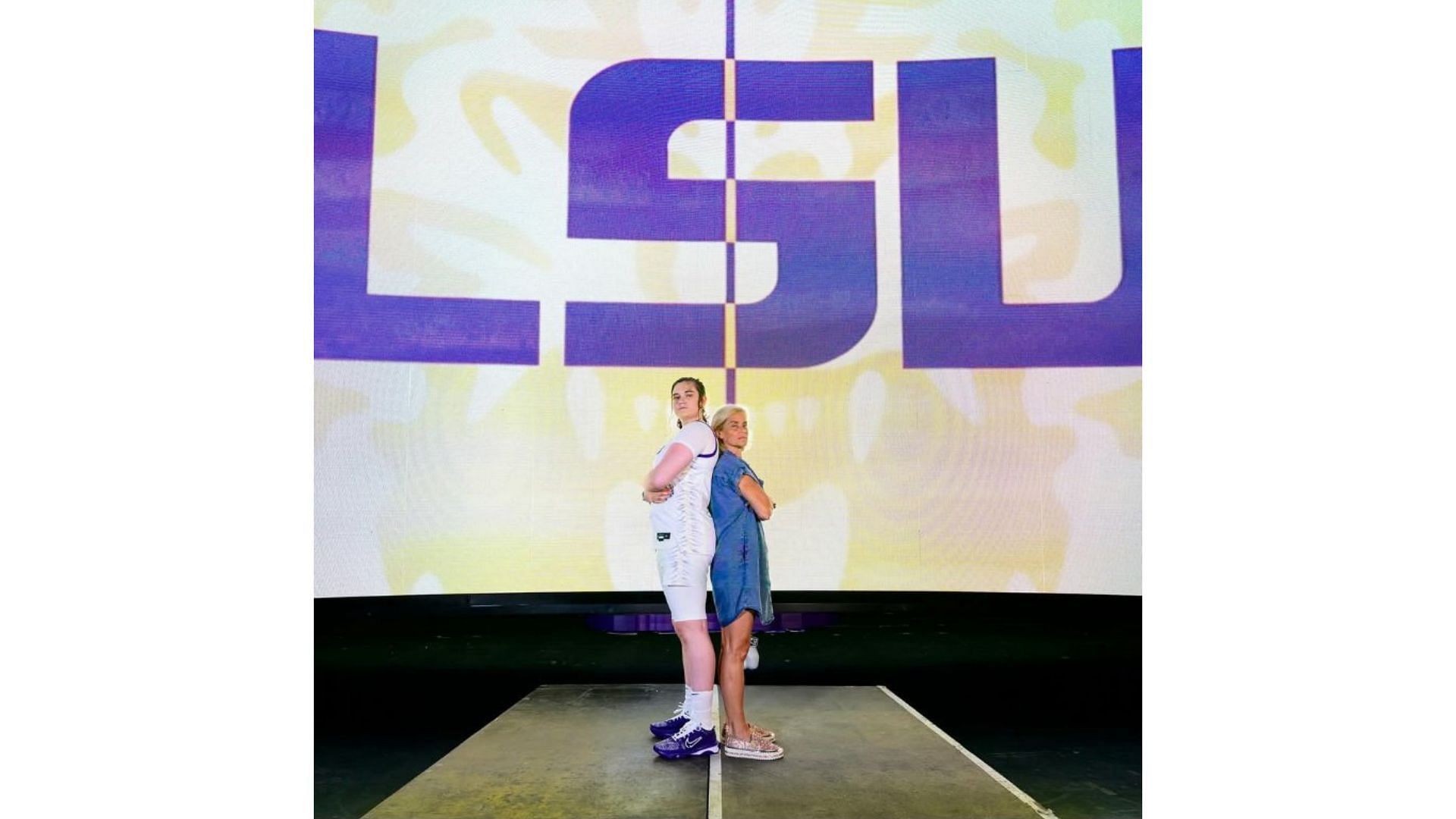 LSU coach Kim Mulkey and Meghan Yarnevich pose in front of a camera. Source: Instagram/@megyarne25