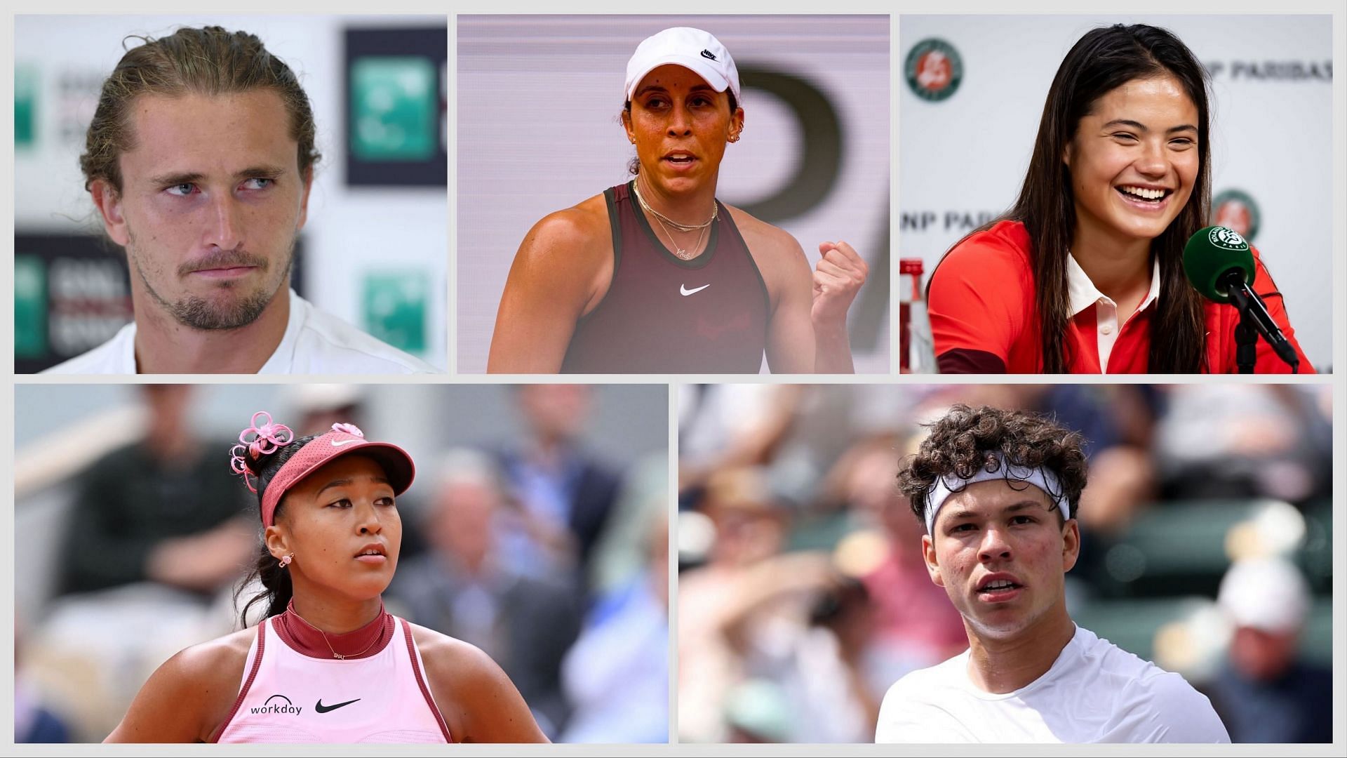 (Clockwise, from top left) Alexander Zverev, Madison Keys, Emma Raducanu, Ben Shelton and Naomi Osaka. (Photos: Getty)
