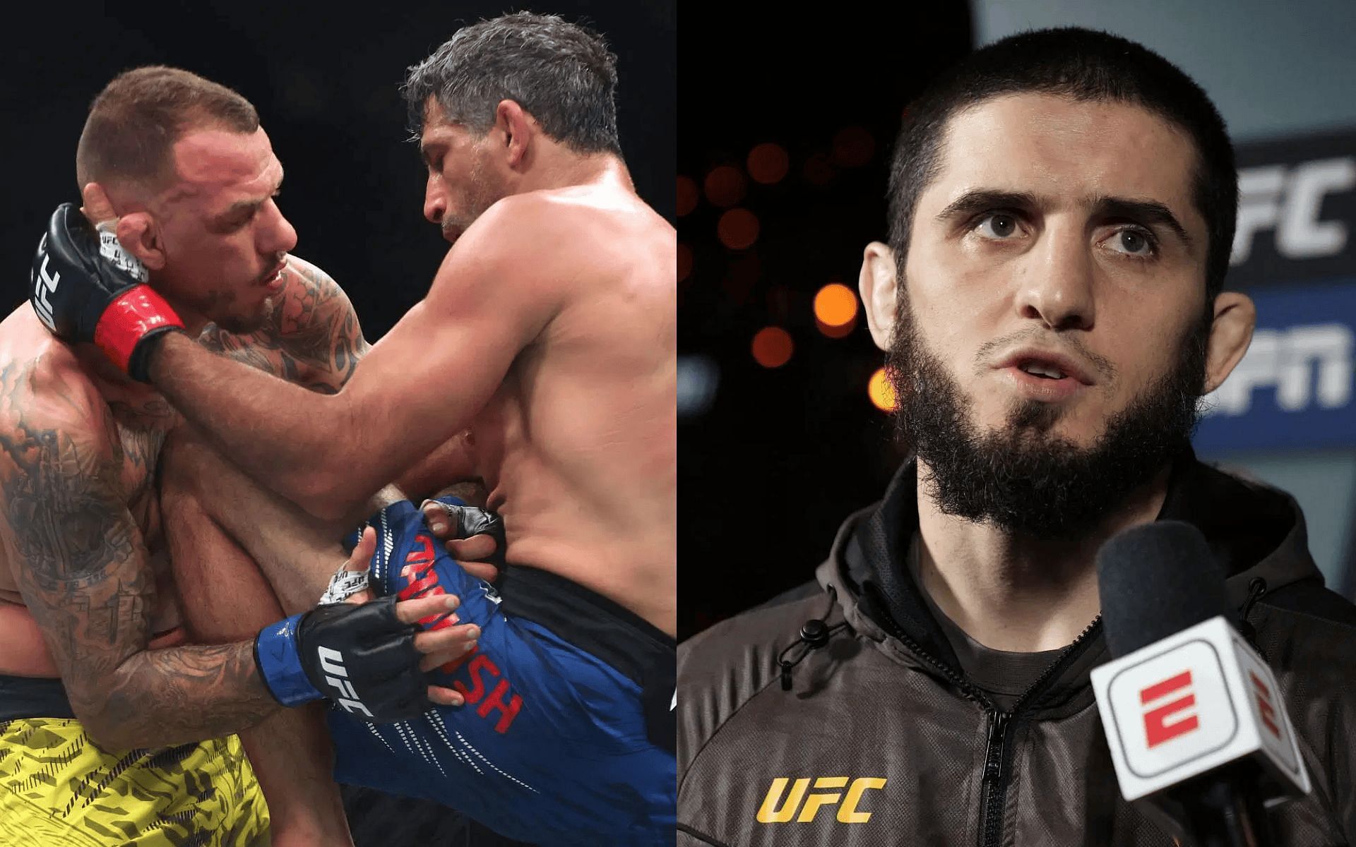 Islam Makhachev (right) reacts to Beneil Dariush vs. Renato Moicano fight. [Images courtesy: Getty]