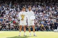 Carlos Alcaraz (left) and Novak Djokovic (right) after the conclusion of the men's singles final of the 2024 Wimbledon Championships (Source: Getty)