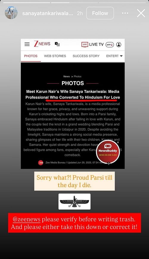 Karun Nair's wife Instagram story.