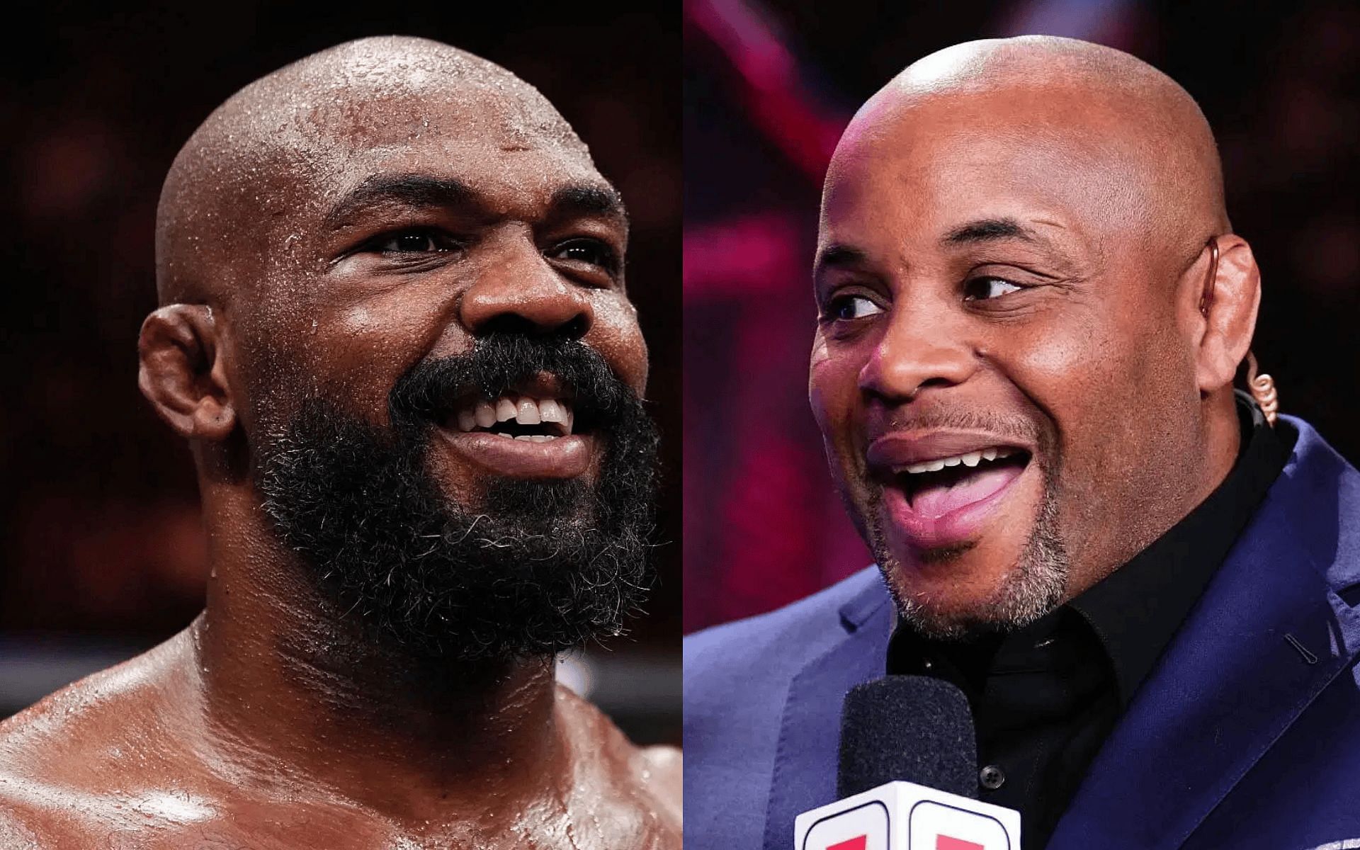 Jon Jones (left) reacts to Daniel Cormier