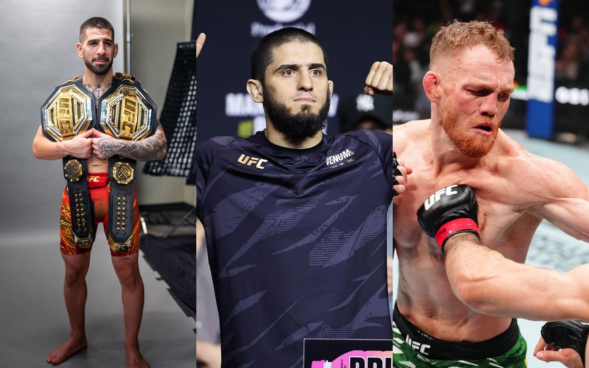 MMA coach prioritize Jack Della Maddalena (right) over Ilia Topuria (left) for a fight with Islam Makhachev (center). [Images courtesy: @ufc, @slam_makhachev  on Instagram] 