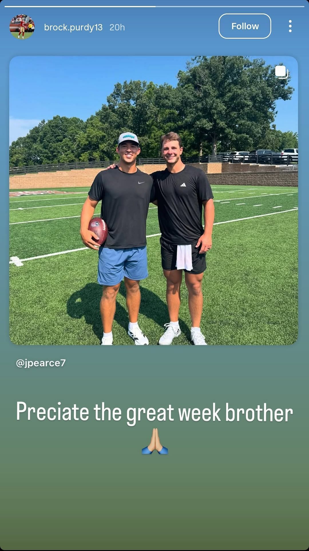 Brock Purdy reshared Jonathan Pearce&#039;s post on his story (ig/brock.purdy13)