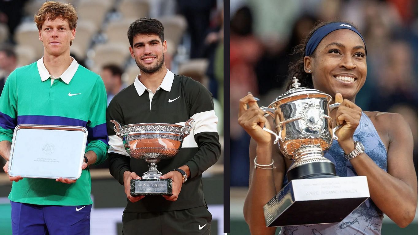 Jannik Sinner(left) Carlos Alcaraz(center) and Coco Gauff(right). Images:Getty