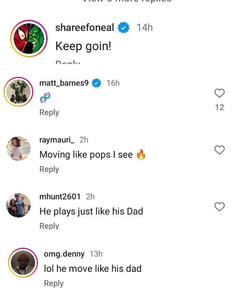 Shaquille O'Neal's son Shareef O'Neal and Matt Barnes react to Chris Paul Jr.'s impressive hooping highlights. (Images via Instagram @thehoopspill)