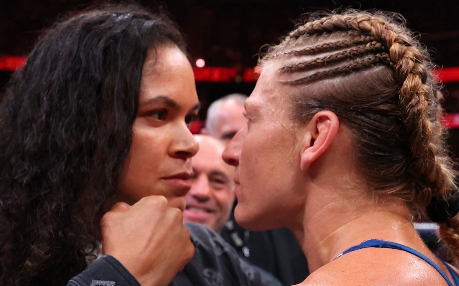 Kayla Harrison (right) is ready to test herself against Amanda Nunes (left). [Image courtesy: @ufceurope on Instagram]