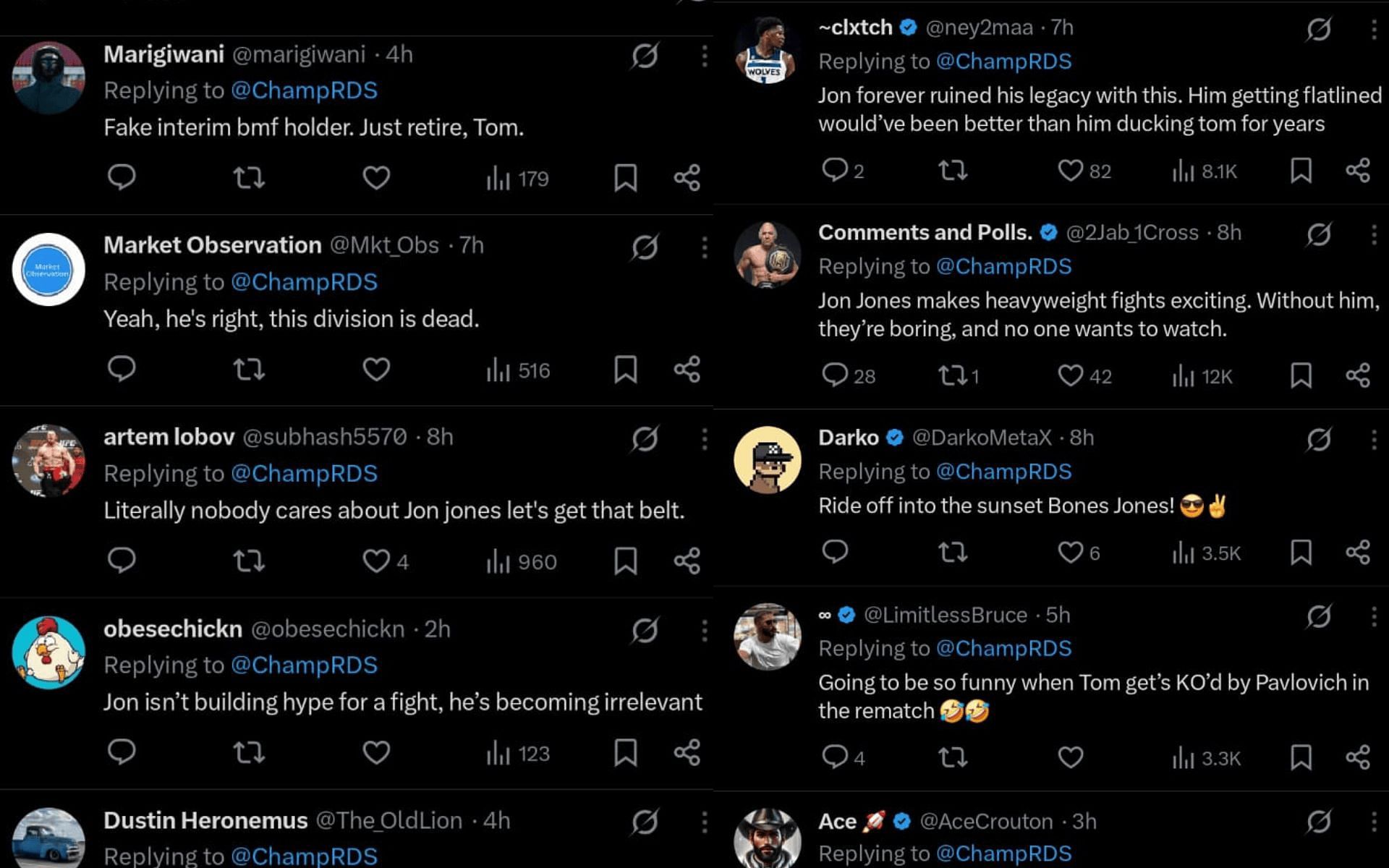 Fans&#039; reaction to Tom Aspinall&#039;s latest comments on Jon Jones. [Screenshots courtesy: @ChampRDS on X]