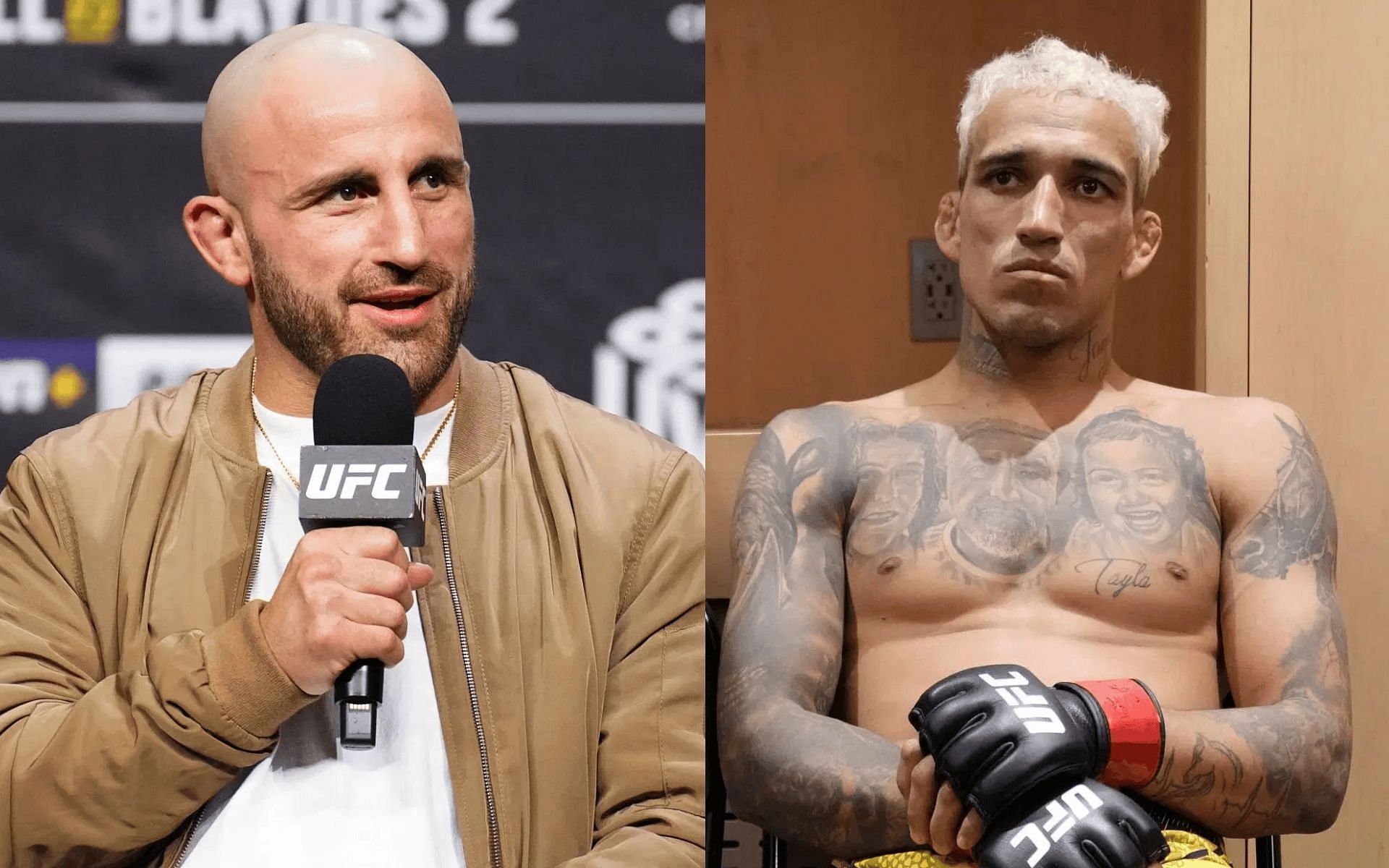 Alexander Volkanovski (left) reacts to Charles Oliveira