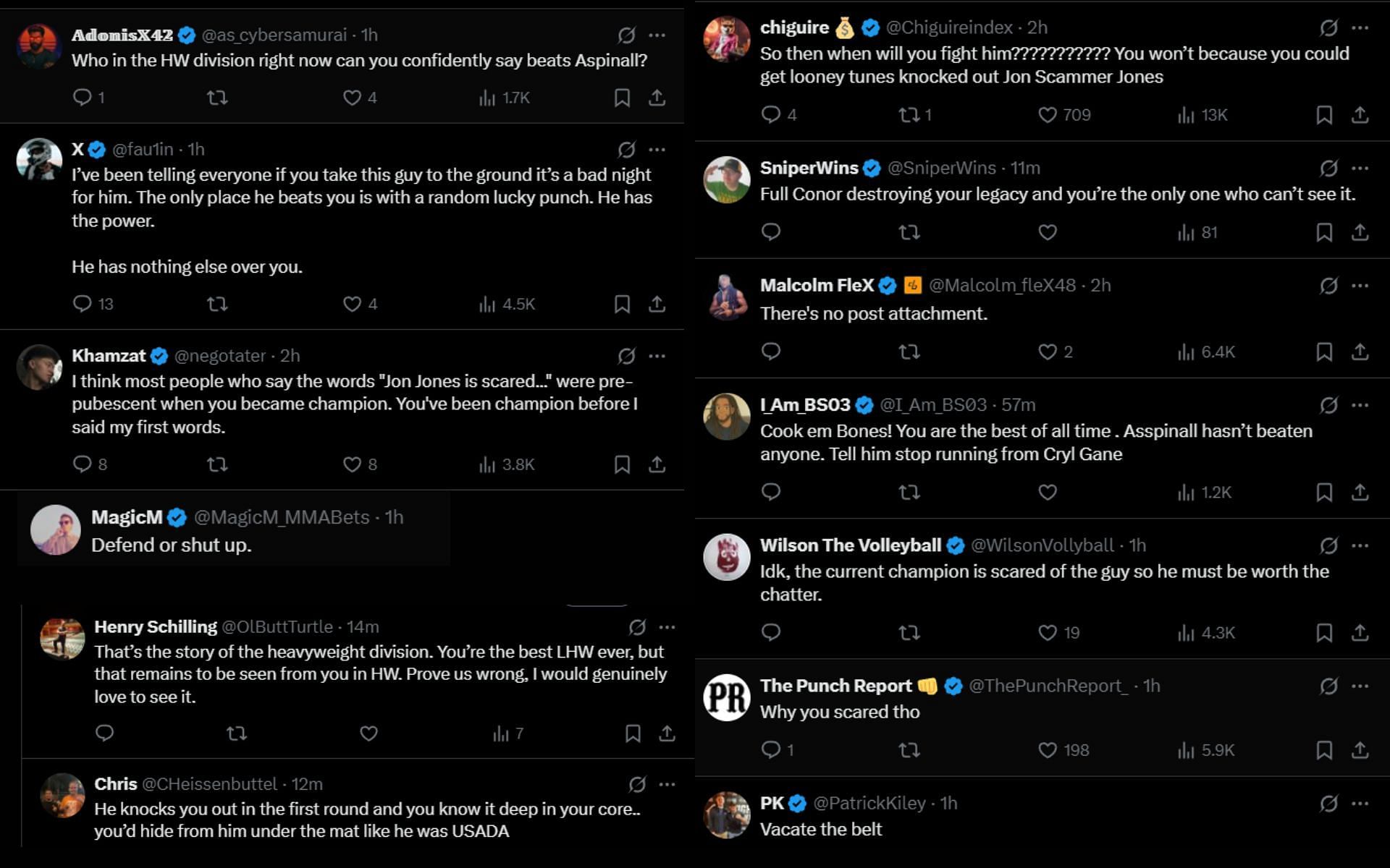 Fans react to Jon Jones&#039; recent comments about Tom Aspinall. [Screenshots courtesy: @JonnyBones on X]