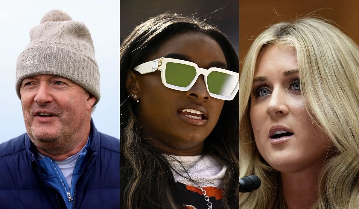 Journalist Piers Morgan, Simone Biles, and Riley Gaines - Source: Getty