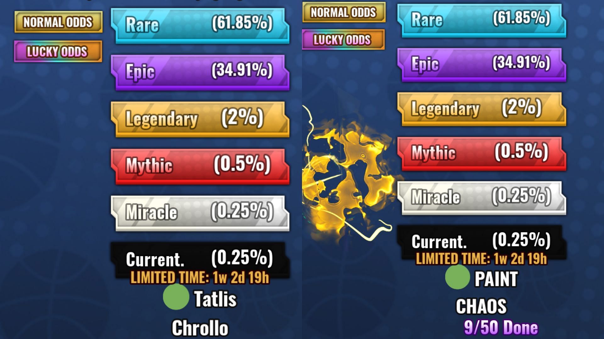 The normal gacha odds of Tatlis and Paint (Image via Roblox)