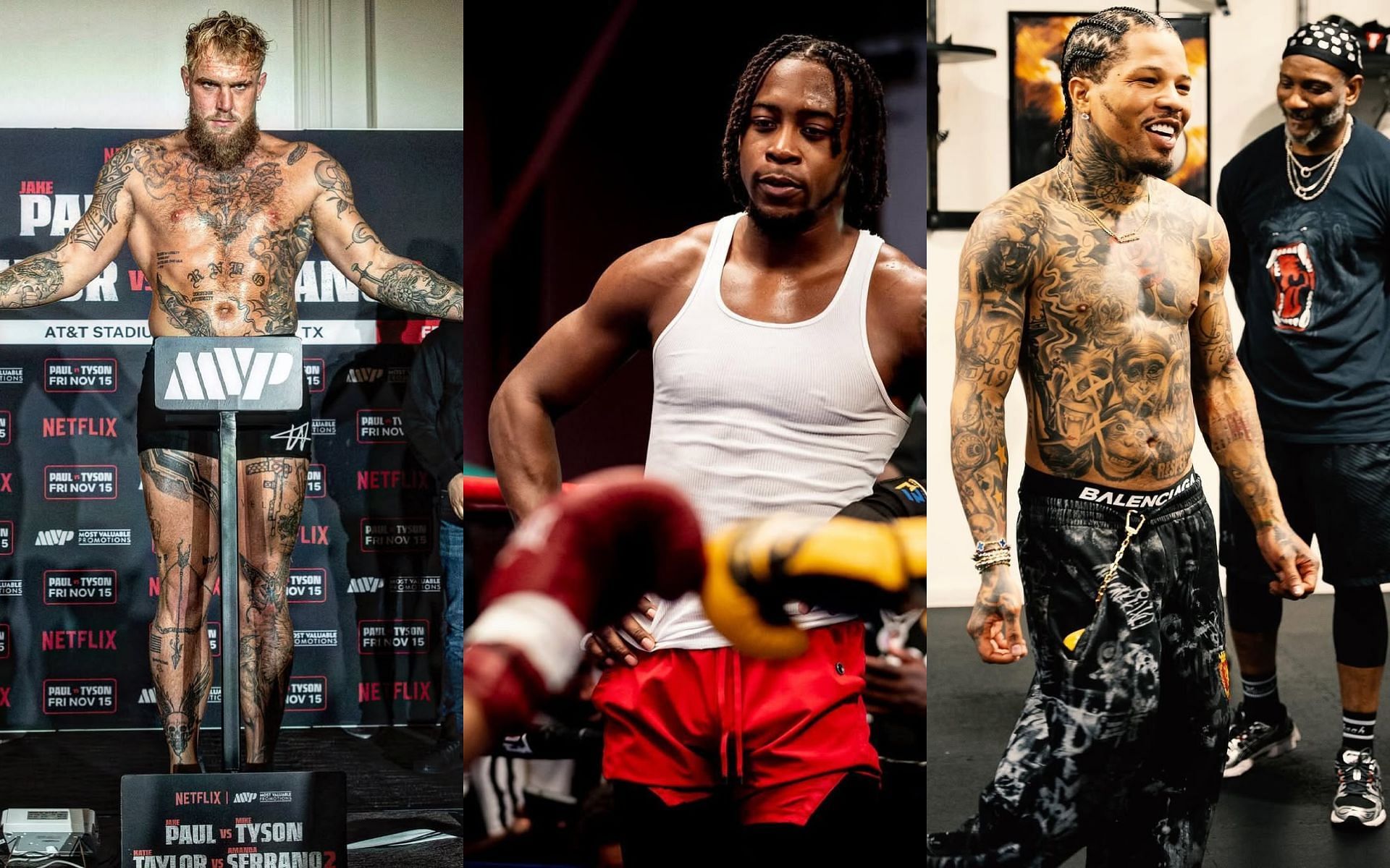 Keyshawn Davis (center) wants to see Gervonta Davis (right) against Jake Paul (left). [Images courtesy: @jakepaul, @toprank and @gervontaa on Instagram]