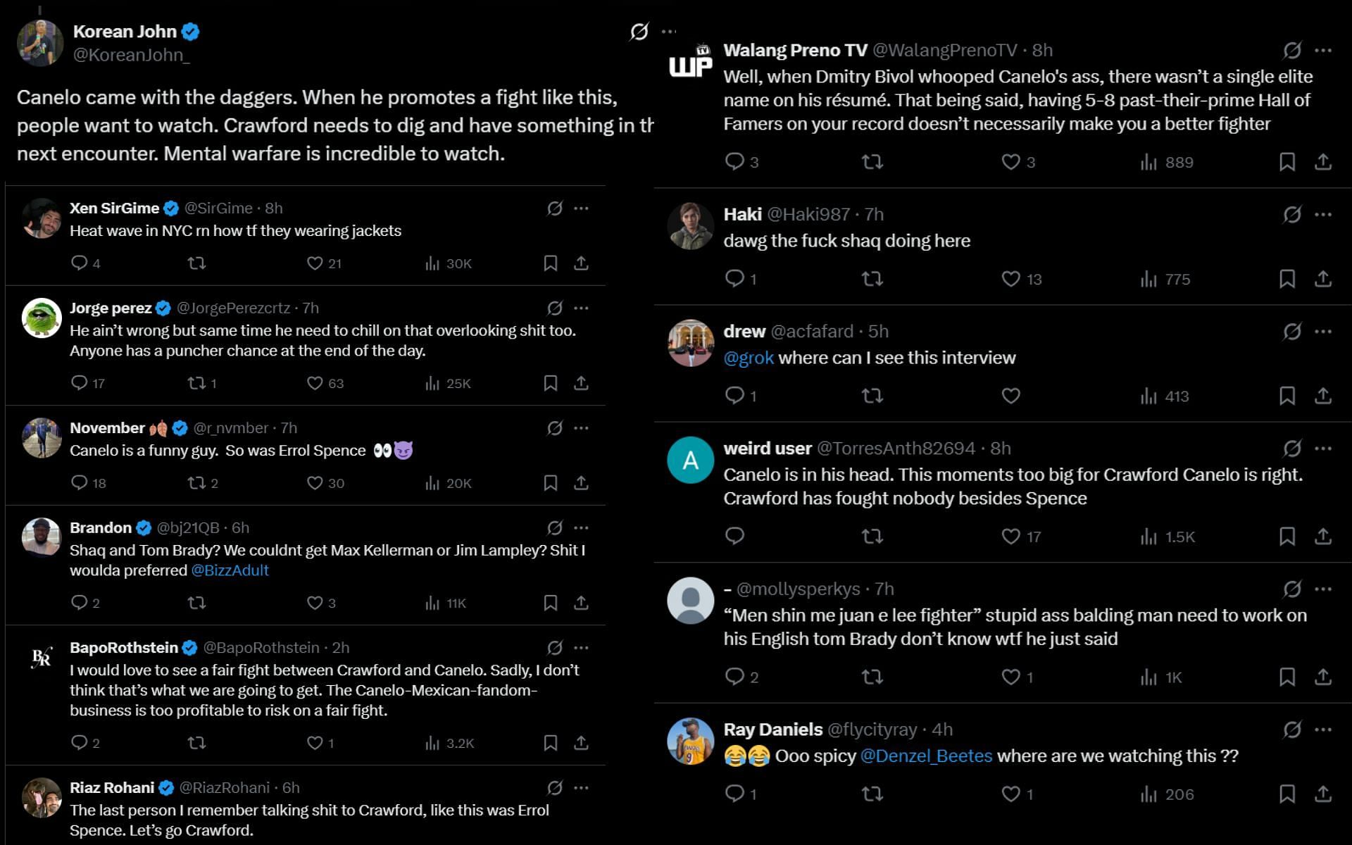 Fans react to Canelo Alvarez questioning Terence Crawford&#039;s resume. [Screenshots courtesy: @HappyPunch on X]