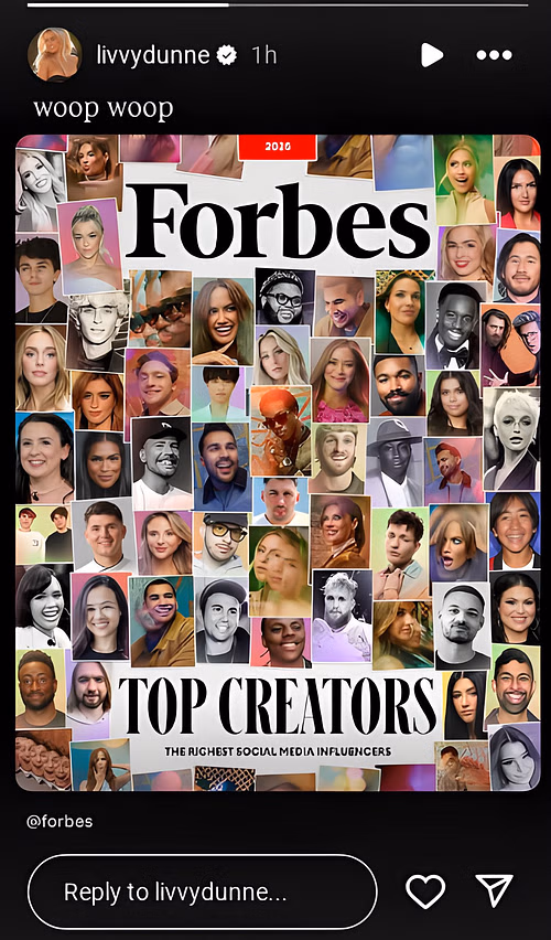 @livvydunne IG story Forbes List