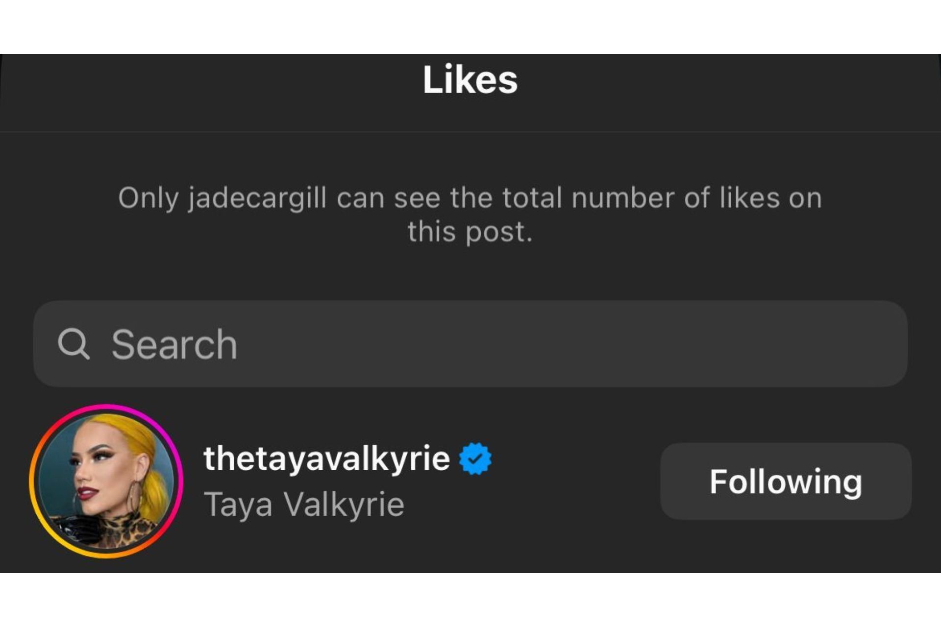 Valkyrie liked Cargill's post after she became the Queen of the Ring (Image credit: Cargill's Instagram account)