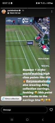 Paula Badosa compliments Aryna Sabalenka's game and earrings on the court (Source: Instagram)