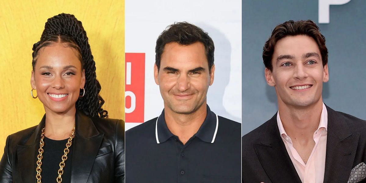 Roger Federer delightedly rubs shoulders with Alicia Keys &amp; George Russell at star-studded Mercedes event in Germany | Image Source: Getty