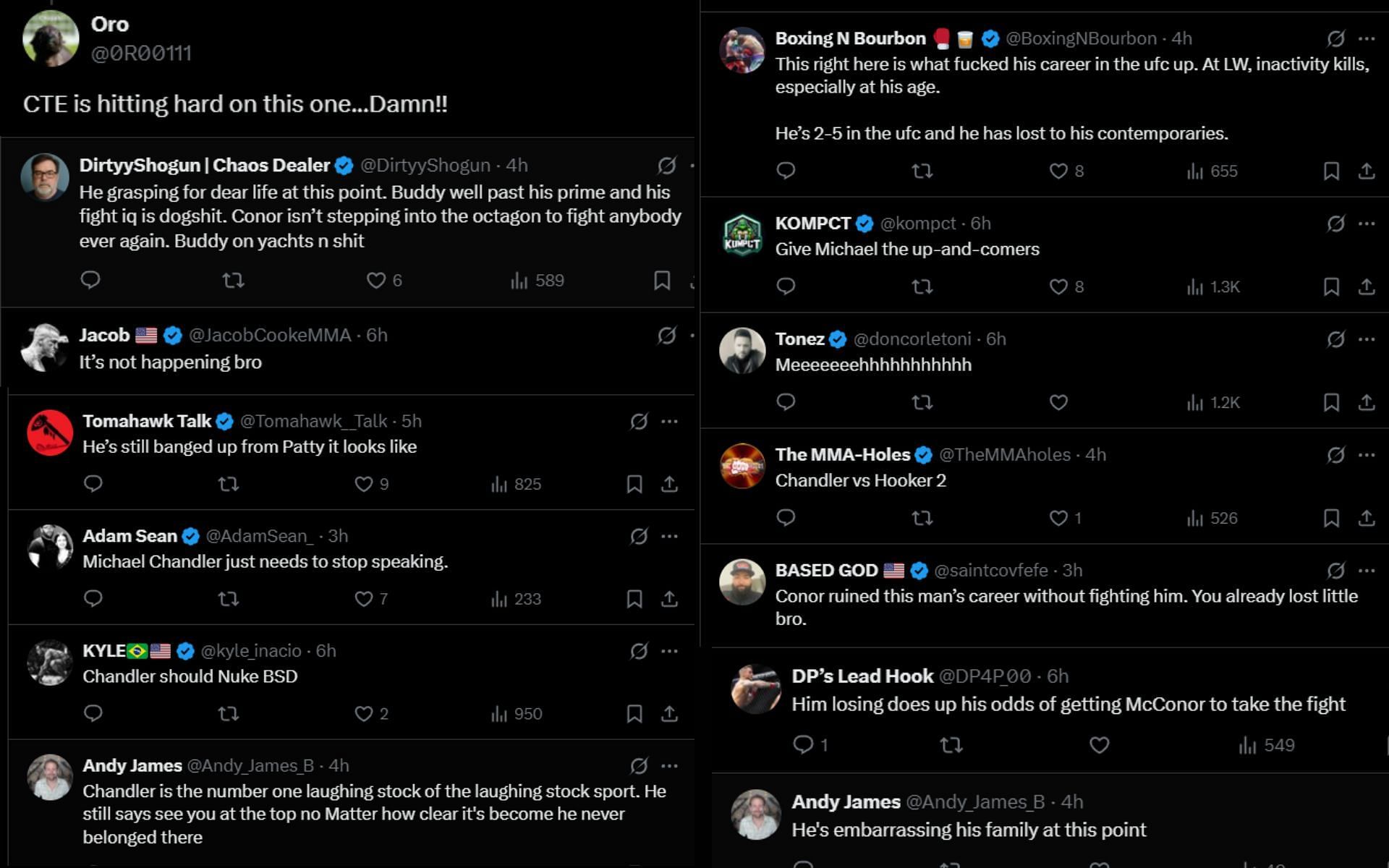 Fans react to Michael Chandler talking about a potential fight against Conor McGregor. [Screenshots courtesy: @MMAJunkie on X]